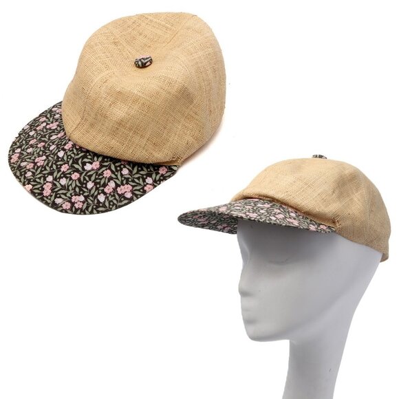Vintage Laura Ashley Straw Baseball Cap Hat Tan Floral Fabric Bill Lightweight - Picture 10 of 10